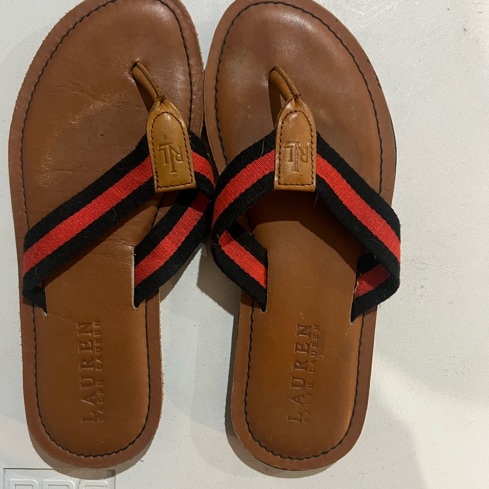 Lauren Ralph Lauren Brown Leather Flip-Flops with Black and Red Straps
